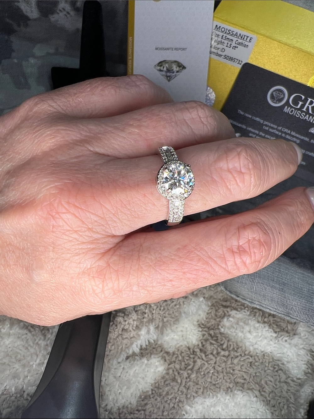 Moissanite Halo Engagement Ring in Silver - Sparkling Round Center